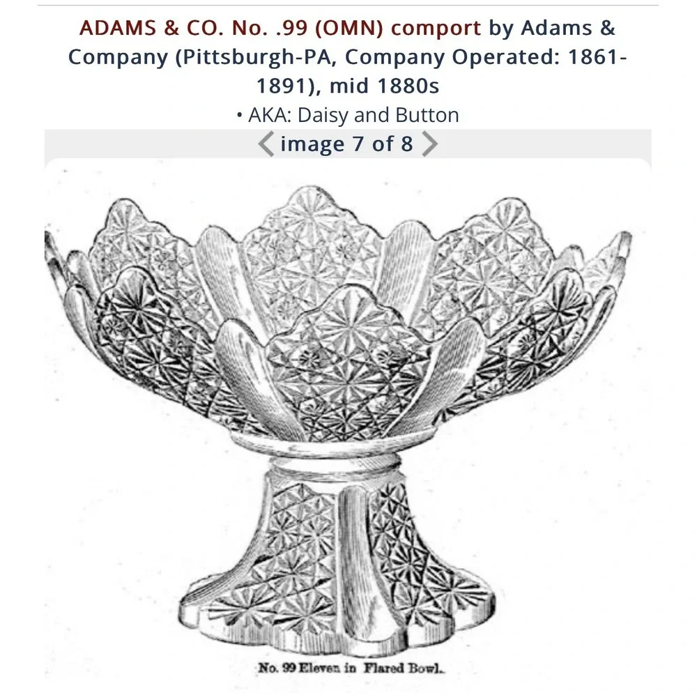 Adams & Co. No. .99 (OMN) line Compote Daisy‎ & Button Bowl Glass Antique 1880's